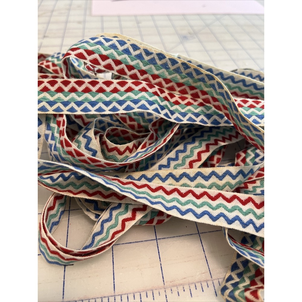 Vintage Green Red And Blue Chevron Wavy Cotton Trim 7/8 BTY Dolls Trim Old Stock